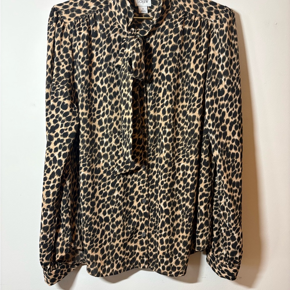J. Crew Leopard Print Tie-Neck Blouse in Tan and Black